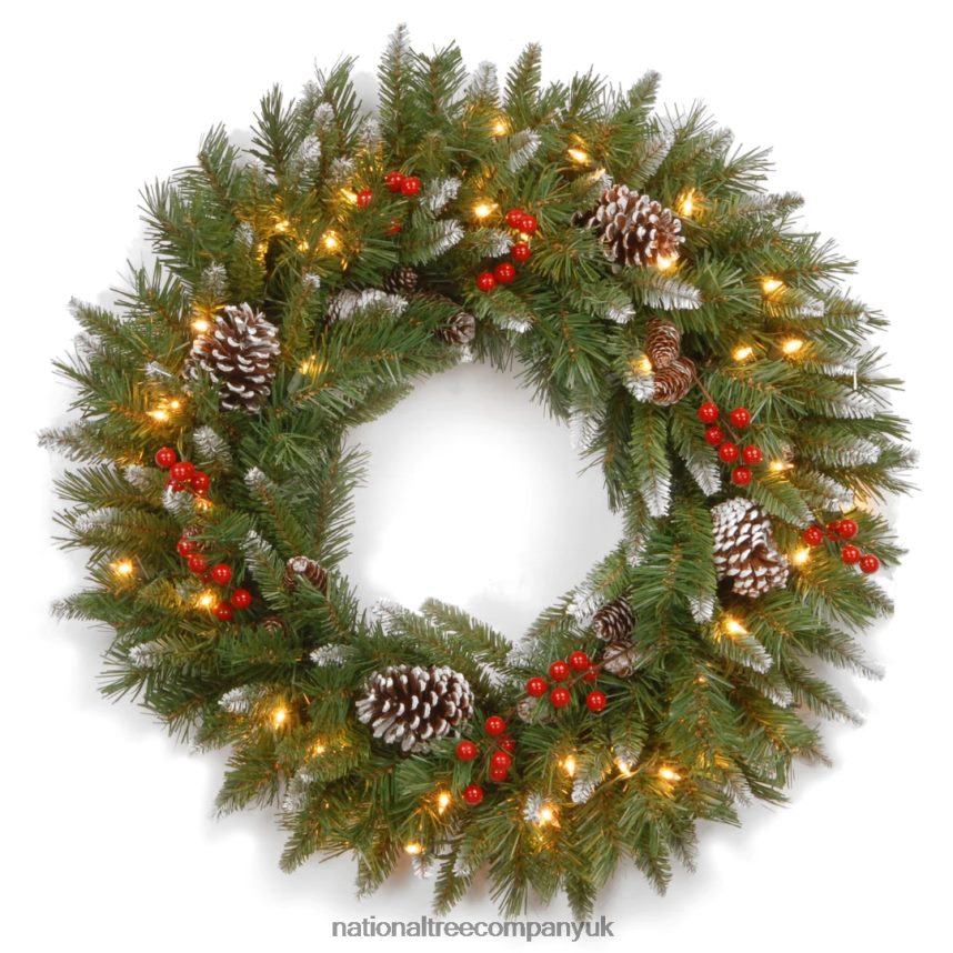 Greenery | National Tree Company Pre-Lit Artificial Christmas Wreath Green Frosted Berry White Lights Decorated with Pine Cones Berry Clusters Frosted Branches Christmas Collection 30 Inches F